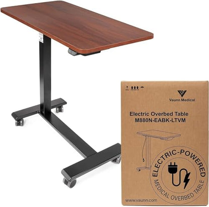 Vaunn Medical Electric Overbed Table Bedside Height Adjustable Table with Wheels (Electric-Powered, Hospital and Home Use) - Brown (Organic Modern)