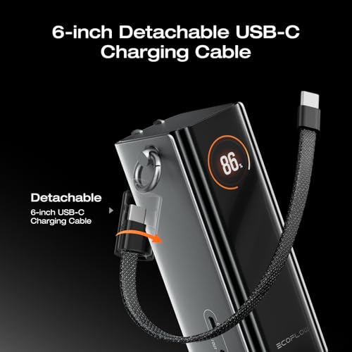 EF ECOFLOW RAPID Pro Power Bank with 67W Wall Plug, 10,000mAh 3-in-1 Portable Charger with Built-in USB-C Cable, 45W Fast Recharging, Travel Essentials for iPhone 17/16 Series, Galaxy, Laptops, and More