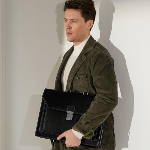 Time Resistance Leather Briefcase - Italian Handmade Laptop Bag - Work Bag for Men and Women - Attache - Computer Bag - color: Black