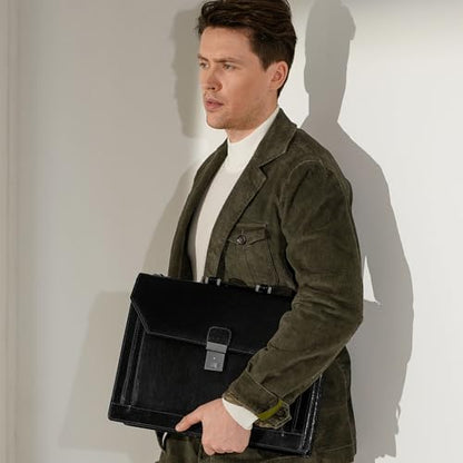 Time Resistance Leather Briefcase - Italian Handmade Laptop Bag - Work Bag for Men and Women - Attache - Computer Bag - color: Black