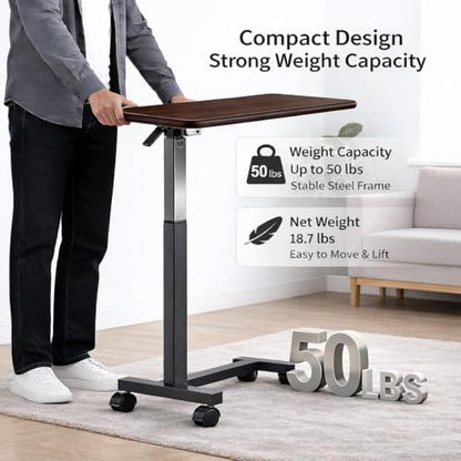 Adjustable Overbed Table with Wheels, Pneumatic Height Lift Rolling Bedside Table, Standing Desk for Home & Office Use, Ideal for Seniors & Limited Mobility(Walnut Brown) - color: Walnut Brown