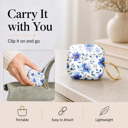 Compatible with AirPod 4 Case 2024, Cute Hard Plastic Protective Cover for Airpod 4th Generation Women, Shockproof Shell Skin with Gold Ring Keychain,Blue Flowers Green Leaf - color: Blue Flowers Green Leaf