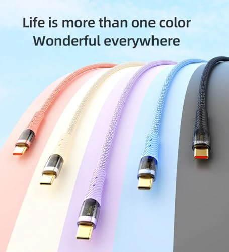100W USB-C to USB-C Cable Transparent Fast Charging 480Mbps Data Braided Nylon LED E-Marker for Laptops Tablets Phones - Black
