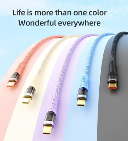 100W USB-C to USB-C Cable Transparent Fast Charging 480Mbps Data Braided Nylon LED E-Marker for Laptops Tablets Phones - Black