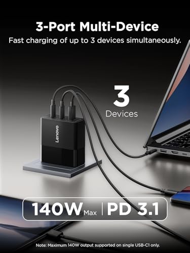 Lenovo 140W USB C Charger, GaN Power Adapter with 3-Port Fast Charging, PD 3.1 Compatible, Black, for ThinkPad, MacBook, iPhone, Samsung Galaxy, with 240W Cable - size: 3 Port - 140 W