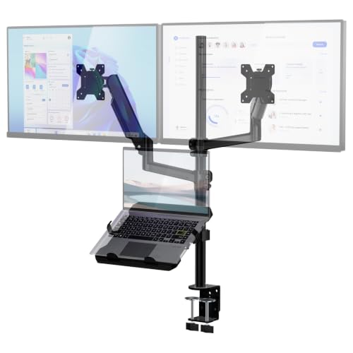 WALI Triple Arm Laptop and Dual Monitor Desk Mount for 17" Notebook and Up to 32" Screens, Adjustable Monitor Arms with Tilt Swivel Rotation, VESA 75x75 100x100, Black (GSDM003LP) - color: Black (Full-adjustable), size: Triple