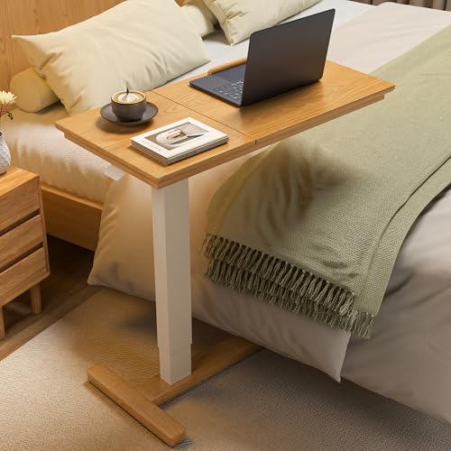 IUNVR Solid Wood Overbed Bedside Table with Hidden Casters, Adjustable Hospital Bed Table Rolling Laptop Desk with Split Dual Desktop & Pneumatic Gas Spring Lift for Hospital, Home Use (Natural)