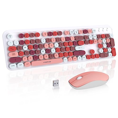 Pink Wireless Keyboard and Mouse Combo, Aesthetic Retro Typewriter Style Round Key Keyboard, 2.4Ghz Wireless Cute Colorful Full Size Keyboard with Number Pad for Long Nails PC Laptop Desktop - color: Colorful Wireless Keyboard Mouse