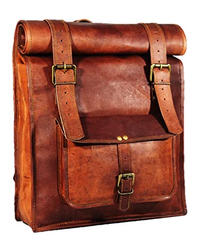 URBAN DEZIRE Men's 17 inch Leather Vintage Roll On Laptop Backpack Rucksack knapsack college bag - size: 14"(L), 18"(Rolled) -(H)- 24"(Open), 4(W)