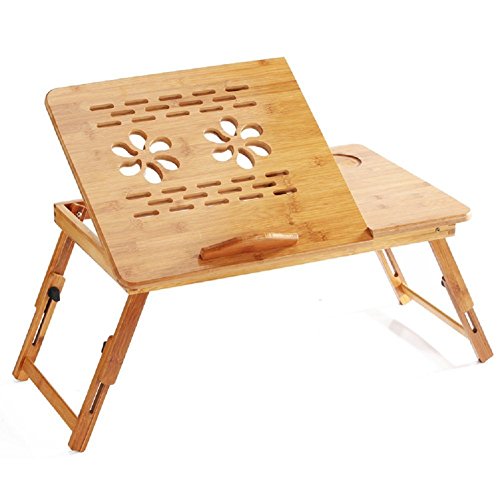 Bamboo Flower Lap Tray with Adjustable Legs | Foldable Breakfast Serving Bed Tray | Lap Desk with Tilting Top and Side Drawer | Laptop Stand | Natural