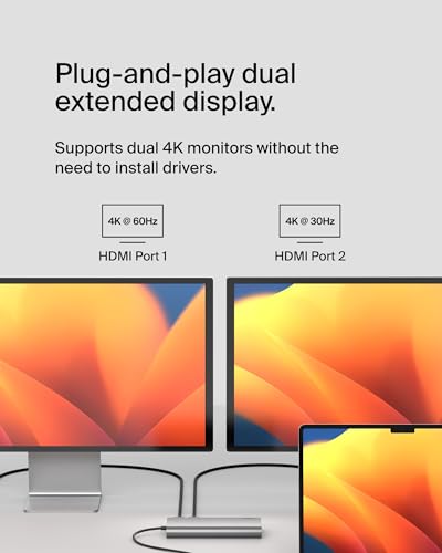 Belkin USB-C Hub 8 in 1 Dual Display | Dual monitor support for MacBook, Windows laptop, and Chromebook, expands USB-C connectivity for home office