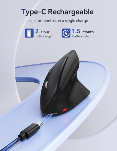 TECKNET Wireless Vertical Mouse, 2.4G+2*BT Rechargeable Bluetooth Mice | 4800DPI, Ergonomic Design for Carpal Tunnel Right Hand, 3-Device Connectivity for Laptop, PC, MacBook, Windows, MacOS, Black