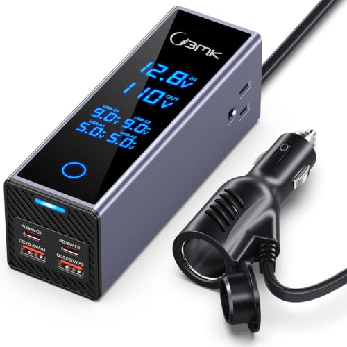 300W Car Power Inverter 12V DC to 110V AC Outlet Adapter 4 Fast USB Ports with PD 36W QC3.0 LCD Voltage Display Stackable Design for Laptop CPAP Road Trip Essentials - color: Gray with black