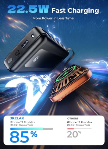 50000mAh High-Capacity Power Bank with Built-in Cables, 22.5W Fast Charging | Ultra-High Capacity, Travel Essential, Charge 4 Devices, Flashlight, for iPhone 17/16/15 Series, Samsung, iPad & Laptops Onyx - color: Onyx