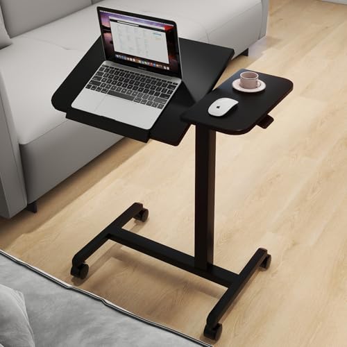 PUNCIA 28" Overbed Table with Split Tilting Desktop,Pneumatic C Table,Black | Mobile Laptop Desk for Bedside, Height Adjustable End Table with Wheels, Computer Cart for Home Sofa Office & Hospital Use - color: Black