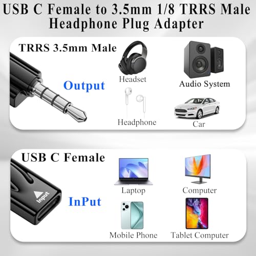 QIANRENON USB C to 3.5mm Headphone Adapter USB C Female to TRRS 3.5mm Male Audio Connector Type C to 4 Pole 1/8 Headset Plug Converter DAC Decoding, for AUX Car Audio Mobile Phone Computer, 2Pcs