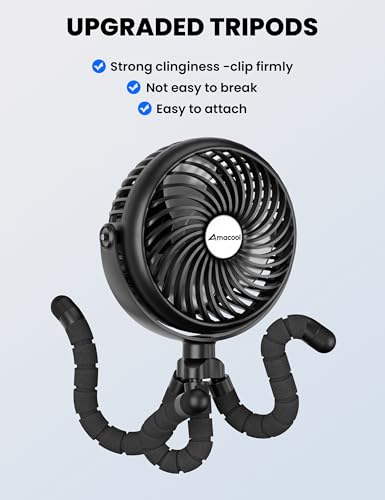AMACOOL Baby Stroller Fan - 5000mAh Rechargeable, 3-Speed, Strong Yet Quiet, 360°Rotate Portable Clip on Fan for Travel, Car Seat, Crib, Bike, Treadmill, Beach Vacation Essentials - color: Black