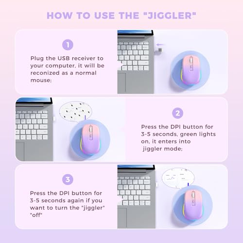 PEIOUS Wireless Mouse Jiggler - Keep Computers Awake, Purple to Pink | Rechargeable LED Mouse, Silent Clicks, Adjustable DPI and Random Movement Keep Computers Awake for Laptop/PC/Mac - color: Purple to Pink