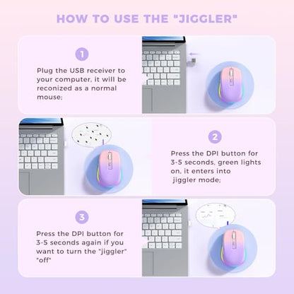 PEIOUS Wireless Mouse Jiggler - Keep Computers Awake, Purple to Pink | Rechargeable LED Mouse, Silent Clicks, Adjustable DPI and Random Movement Keep Computers Awake for Laptop/PC/Mac - color: Purple to Pink