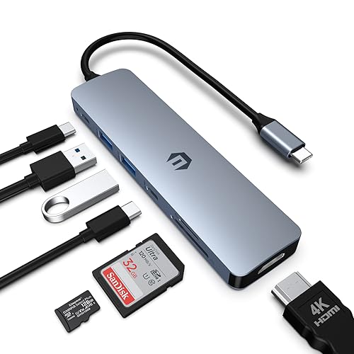 USB C HUB, 7 in 1 Laptop Hub Adapter with HDMI, 100W PD, 3 x USB 3.0, SD/TF Card Reader for Dell/HP/Lenovo/Laptop and Smartphone