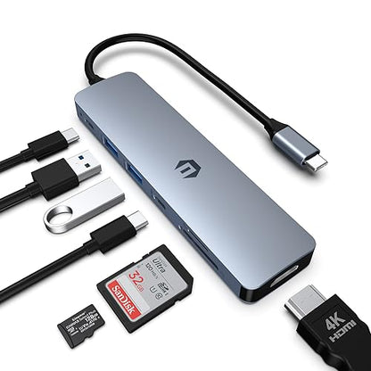 USB C HUB, 7 in 1 Laptop Hub Adapter with HDMI, 100W PD, 3 x USB 3.0, SD/TF Card Reader for Dell/HP/Lenovo/Laptop and Smartphone