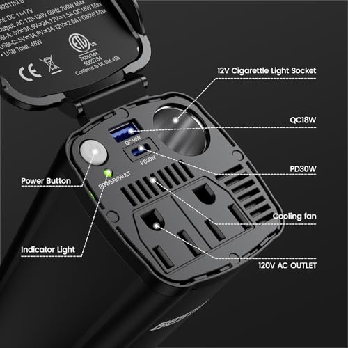 BESTEK 200W Power Inverter, 12V DC to 110V AC Car Plug Adapter Outlet Converter with [30W USB-C]/USB-Fast Charger(18W) / Dual AC Outlets/car Charger for Laptop