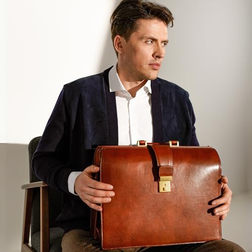 Time Resistance Leather Lawyer Briefcase - Italian Handmade Laptop Briefcase for Men and Women - Attache Case - Doctor Bag - color: Cognac