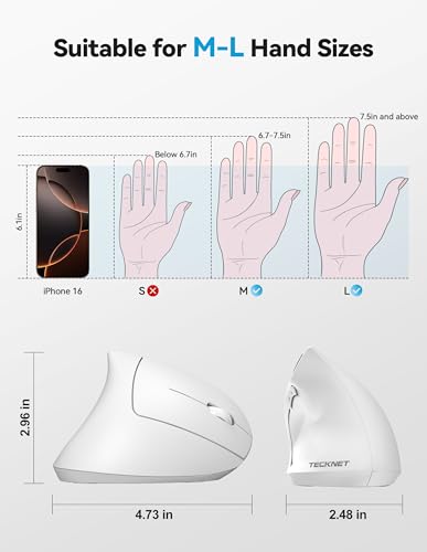 TECKNET Ergonomic Mouse, Rechargeable 2.4G+Bluetooth Vertical Mice 6 DPI Adjustable, Wireless Optical Carpal Tunnel Mouse Right Hand, Multi Device for Laptop, PC, Computer, MacBook, iPad - White - color: White