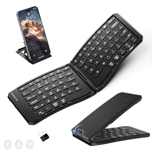 Omikamo Ergonomic Foldable Bluetooth Keyboard, 3-Device Dual-Mode | 2.4G+BTx2 Ultra Slim Portable Wireless Folding Travel Keyboard for Windows, iOS, Android, Mac, Leg Use