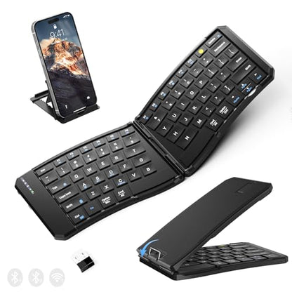 Omikamo Ergonomic Foldable Bluetooth Keyboard, 3-Device Dual-Mode | 2.4G+BTx2 Ultra Slim Portable Wireless Folding Travel Keyboard for Windows, iOS, Android, Mac, Leg Use