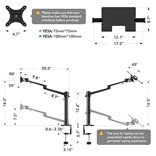 Viozon Laptop/Notebook/Projector Mount Stand, Height Adjustable Single Arm Mount Support 12-17 inch Laptop/Notebook/Tablet, Free Removable VESA 75X75 and 100X100 for Monitor 17-32 inch.