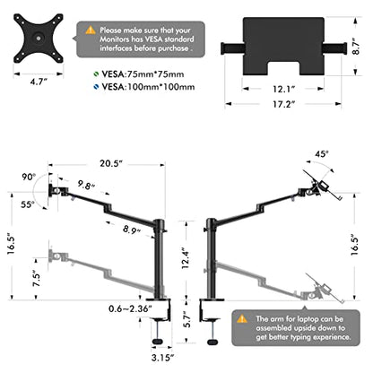Viozon Laptop/Notebook/Projector Mount Stand, Height Adjustable Single Arm Mount Support 12-17 inch Laptop/Notebook/Tablet, Free Removable VESA 75X75 and 100X100 for Monitor 17-32 inch.