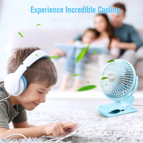 HONYIN 720° Rotation Small Desk, Hang & Clip on Fan by USB Plug In | Sturdy Clamp, 3 Speeds, Quiet Little Personal Cooling Fan for Bedroom Office Desktop Treadmill - color: Blue