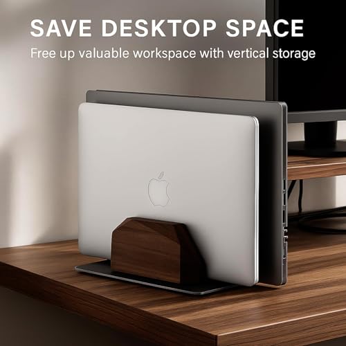 Walnut Wood Vertical Laptop Stand, Dual Slot Wooden Laptop Holder Vertical for Desk, Width Adjustable Dock Compatible with MacBook Pro and Universal Gaming Laptops - color: Black