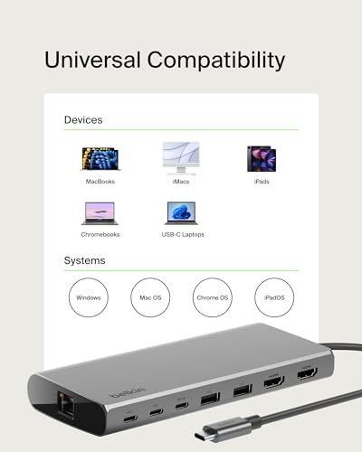Belkin USB-C Hub 8 in 1 Dual Display | Dual monitor support for MacBook, Windows laptop, and Chromebook, expands USB-C connectivity for home office