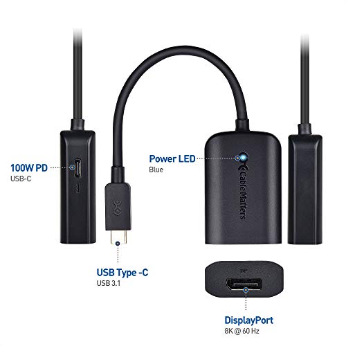 Cable Matters USB C to DisplayPort Adapter with Charging, USB C to DP 1.4 | [8K@60Hz / 4K@240Hz Video, 100W Charging] Compatible with Thunderbolt 4/USB4 Ports, MacBook Pro, Dell XPS, Surface Pro