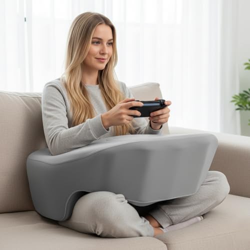 Reading Pillow with Armrests, Large Gaming Pillow for Adult, Memory Foam Desk Pillow with Cup Holder & Side Pockets, Laptop Lap Desk for Working, Gaming, Reading on Couch Bed Floor (Grey) - color: Grey