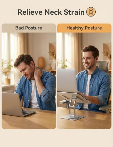 Laptop Stand, Dual-Axis Height Adjustable Ergonomic 360° Swivel | Anti-wobble carbon steel base, aluminum arm, 9.8" sit-to-stand height, hollow cooling panel, fits 10-17" MacBook & notebooks