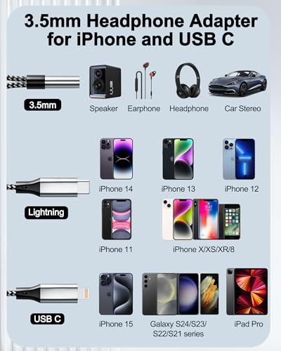 USB C and Lightning Male to Female 3.5mm Headphone Adapter - 3.5mm Headphone Jack Audio Adapter for iPhone 17/16/15/14/13/Pro/Pro Max, Android Phone, iPad, Laptop