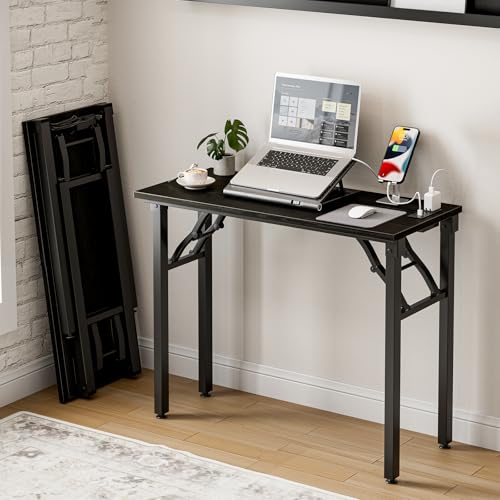 Frylr Small Folding Computer Desk – 35.8 Inch Portable Table for Craft and Study, Lightweight Desk for Small Spaces, Foldable Laptop Table Built-in AC/USB Outlets for Convenience, Dark Oak - color: Dark Oak, size: 35.8 X 15.7 Inch, style: With Power Outle
