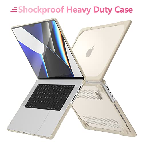 Batianda Heavy Duty Case for MacBook Pro 14 inch 2026-2021, Khaki | Fits M5/M4/M3/M2/M1 Pro Max Chip, Ergonomic Foldable Stand Holds 22 lbs, Shockproof Bumper, Matte Translucent Hard Shell - color: Khaki