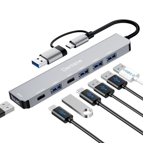USB C Hub 3.0 USB Hub for Laptop, 7 in 2 USB Splitter with Type C Charging | Denlane Upgrade USB A Hub, USB Port Expander with Multiport USB-C & USB A, Dongle for PC/Computer/Laptop/Mac/iPad/Tablet - size: 7-IN-2