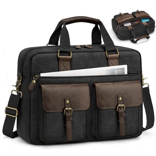 RAINSMORE Messenger Bag for Men 15.6 Inch Laptop Bag Canvas Briefcase for Work College - color: Black