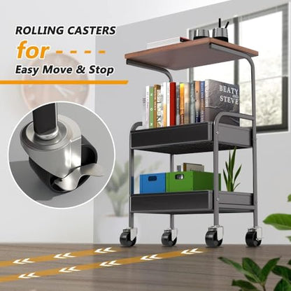 Rolling Cart with Wooden Tabletop, 3 Tier Metal Utility Cart, Rolling Storage Organizer Cart with Lockable Wheels for Kitchen, Office, Bedroom (Black) - color: Black