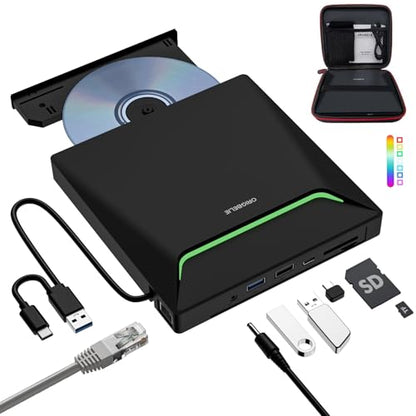 New External CD DVD Drive with Ethernet Adapter USB 3.0 Hub & Carrying Case | 3 USB & 2 TF/SD Card Ports, CD DVD Burner Player Reader Writer Optical Disc Drive for Laptop MacBook PC Windows Linux Mac OS - size: 6.1" x 5.8" x 0.68"