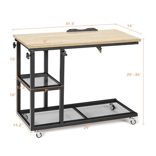 Tangkula Height Adjustable C Shaped End Table with Lockable Wheels, Mobile Couch Desk Table with Tiltable Table Top, Sofa Bedside Laptop Stand TV Tray with Storage Shelves, Snack Side Table - color: Natural