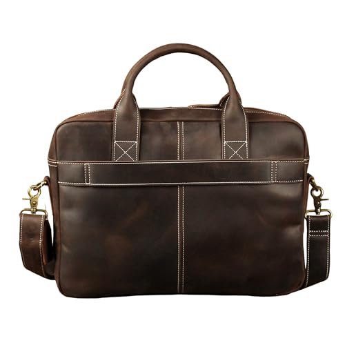 16" Full Grain Leather Briefcase Laptop Bag Shoulder Messenger Bag Classic Handbag for Business or Travel | Full Grain Leather - color: Dark Coffee