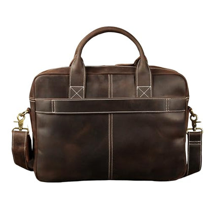 16" Full Grain Leather Briefcase Laptop Bag Shoulder Messenger Bag Classic Handbag for Business or Travel | Full Grain Leather - color: Dark Coffee
