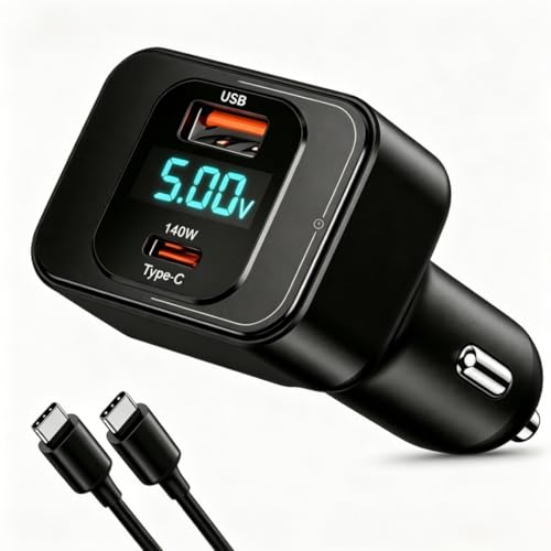170W USB C Car Charger, PD3.1 140W + 30W Dual-Port Fast Charging Adapter with 240W USB-C Cable, Smart Digital Voltage/Power Display, 12V-24V for MacBook Pro/Air, iPhone 17/16, Galaxy S26/S25, iPad