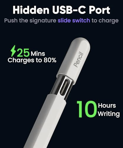 Pencil USB-C for iPad 2018-2026: Magnetic Wireless Charging Stylus - Only for iPad Pro 11"(1-4th), 12.9"(3-6th), Air 4/5&Mini 6, Slide-Switch&Hidden-Port, Tilt Sensitivity&Palm Rejection, White